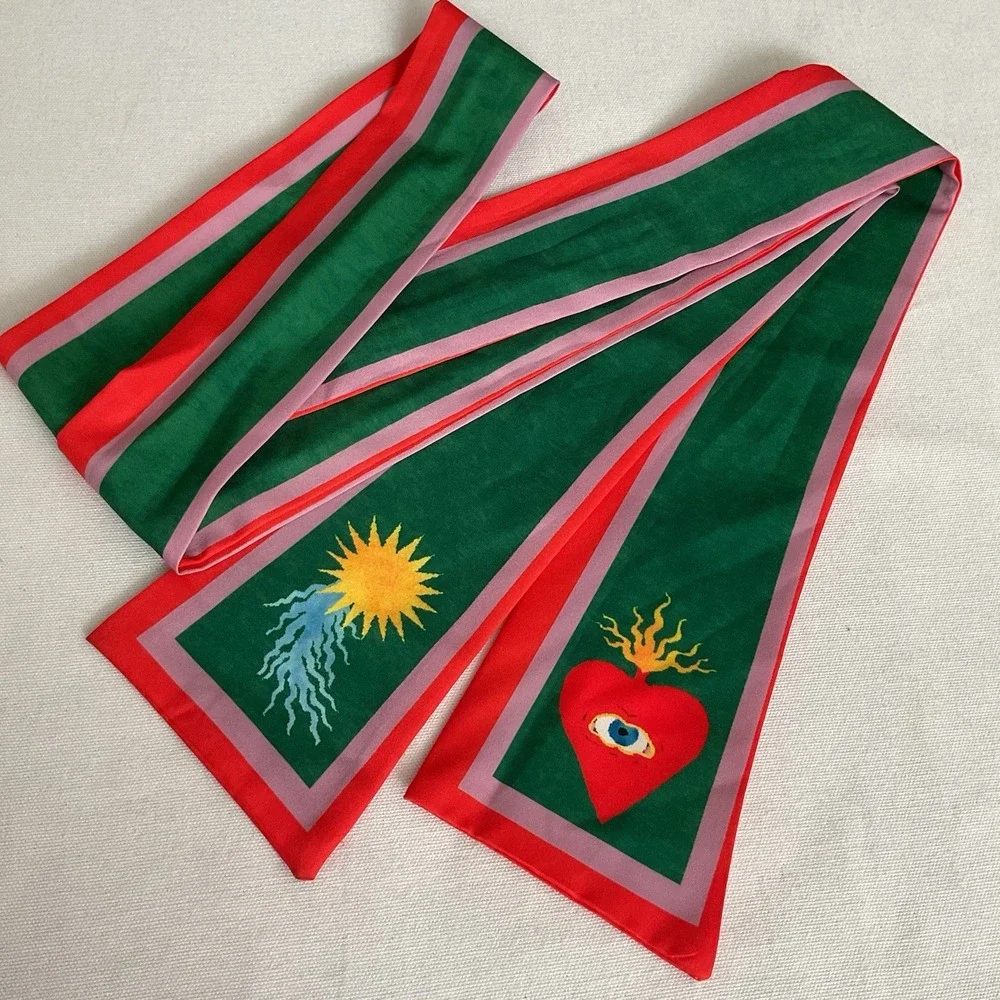 Vintage Scarf Red Green Heart Eye Sun Art Print Pink Border Boho Statement